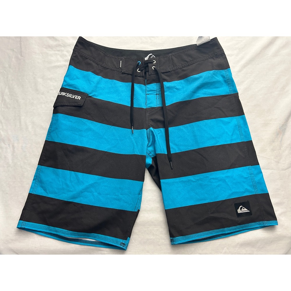 Quiksilver Mens Board Shorts Blue Black Striped Swim Trunks Size 32 x 21 Cargo